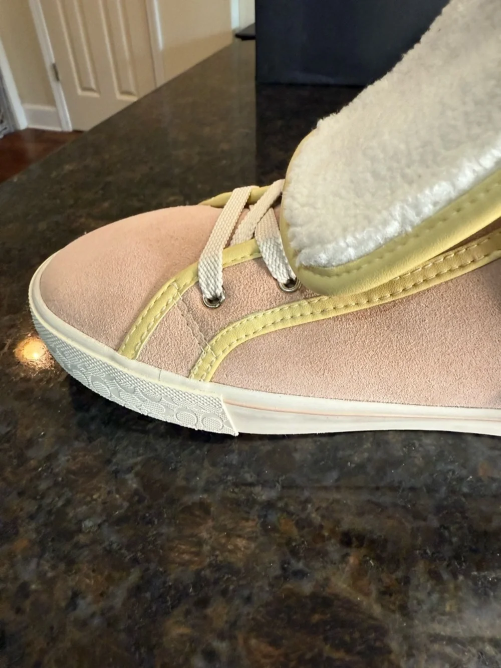 Coach City Soul Suede Fold Over Shearling Sneakers in Blush and Cream